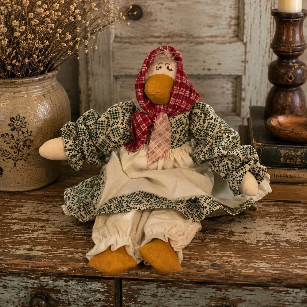 Vintage Primitive Handcrafted Cloth Duck Doll Folk Art Green Calico 12.5 Inch